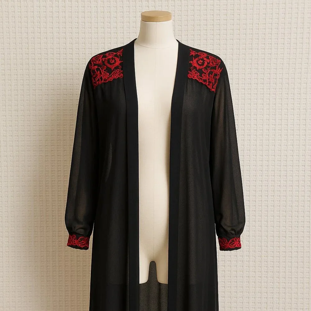 Vintage Private Luxuries Sheer Black Kimono Red Floral Embroidery Lace Robe M